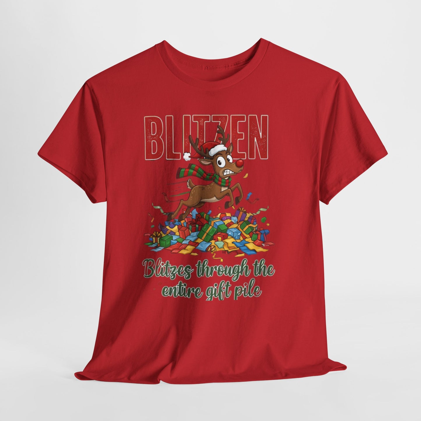 Blitzen Reindeer Christmas Tee — "Blitzen Blitzen through the chaos of the pile" Holiday Shirt