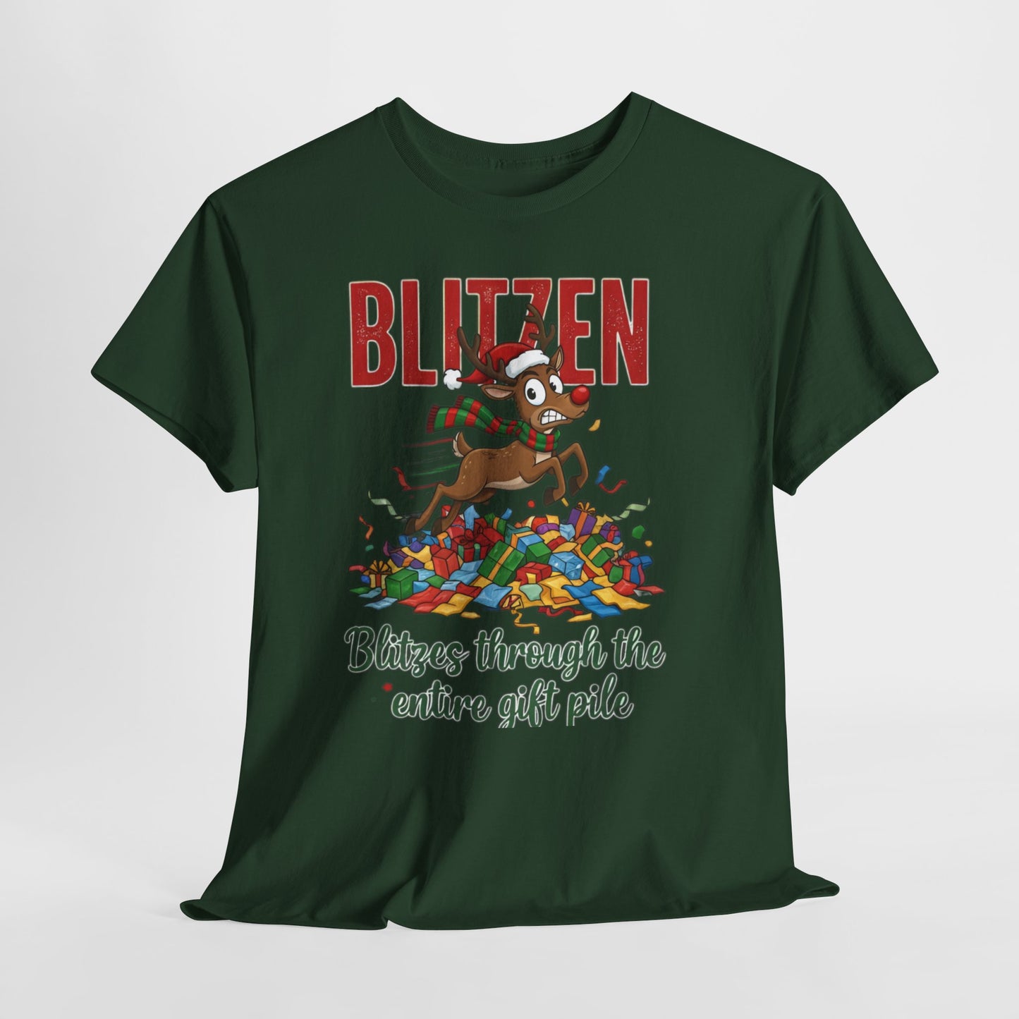 Blitzen Reindeer Christmas Tee — "Blitzen Blitzen through the chaos of the pile" Holiday Shirt