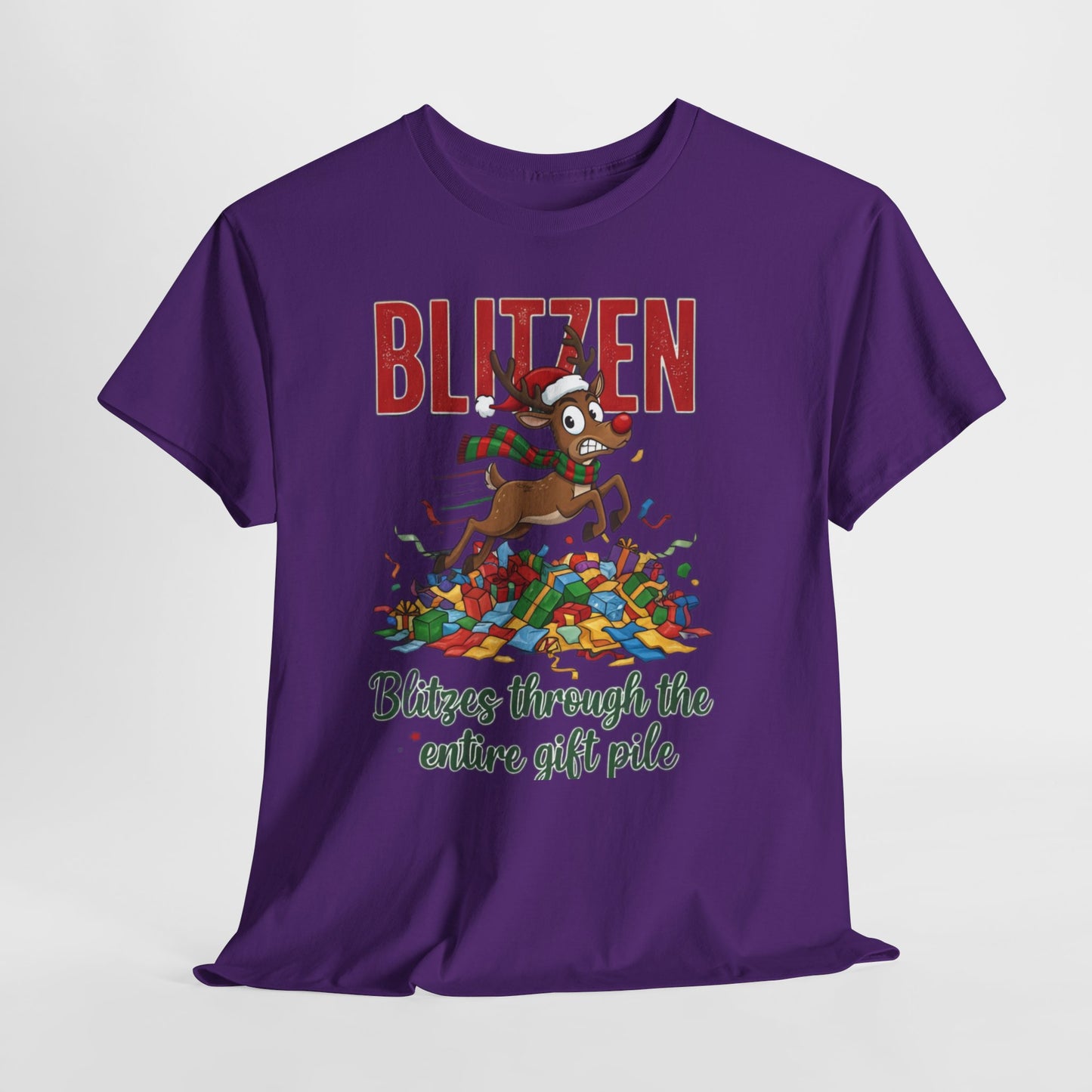 Blitzen Reindeer Christmas Tee — "Blitzen Blitzen through the chaos of the pile" Holiday Shirt
