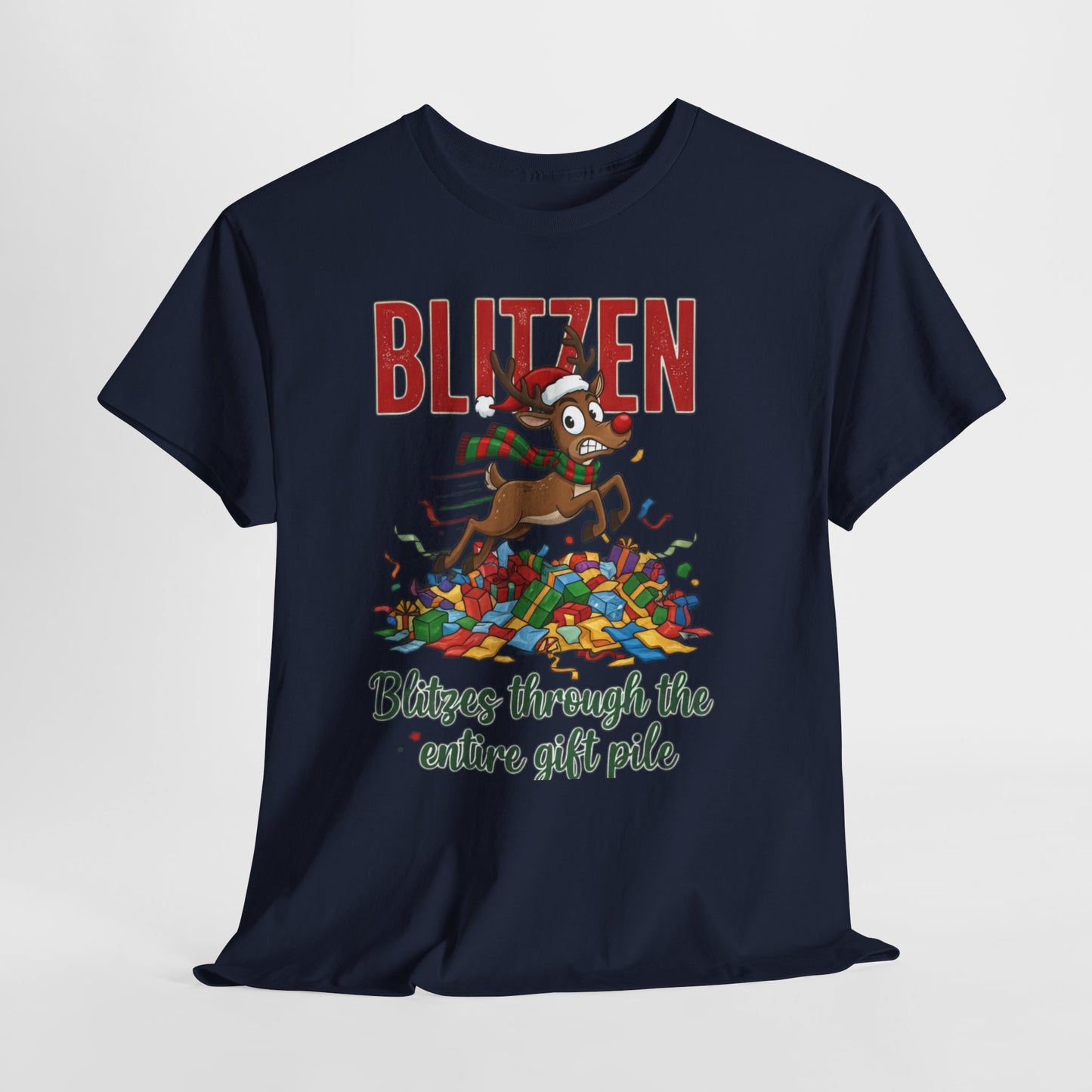 Blitzen Reindeer Christmas Tee — "Blitzen Blitzen through the chaos of the pile" Holiday Shirt