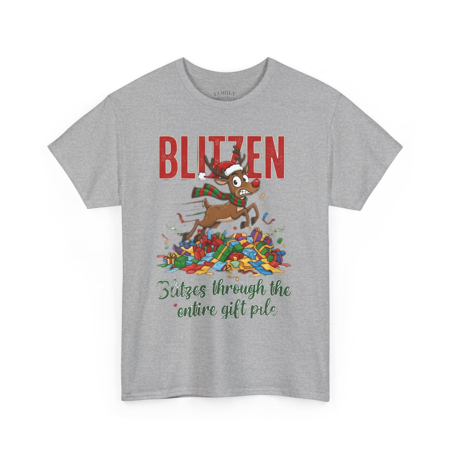 Blitzen Reindeer Christmas Tee — "Blitzen Blitzen through the chaos of the pile" Holiday Shirt