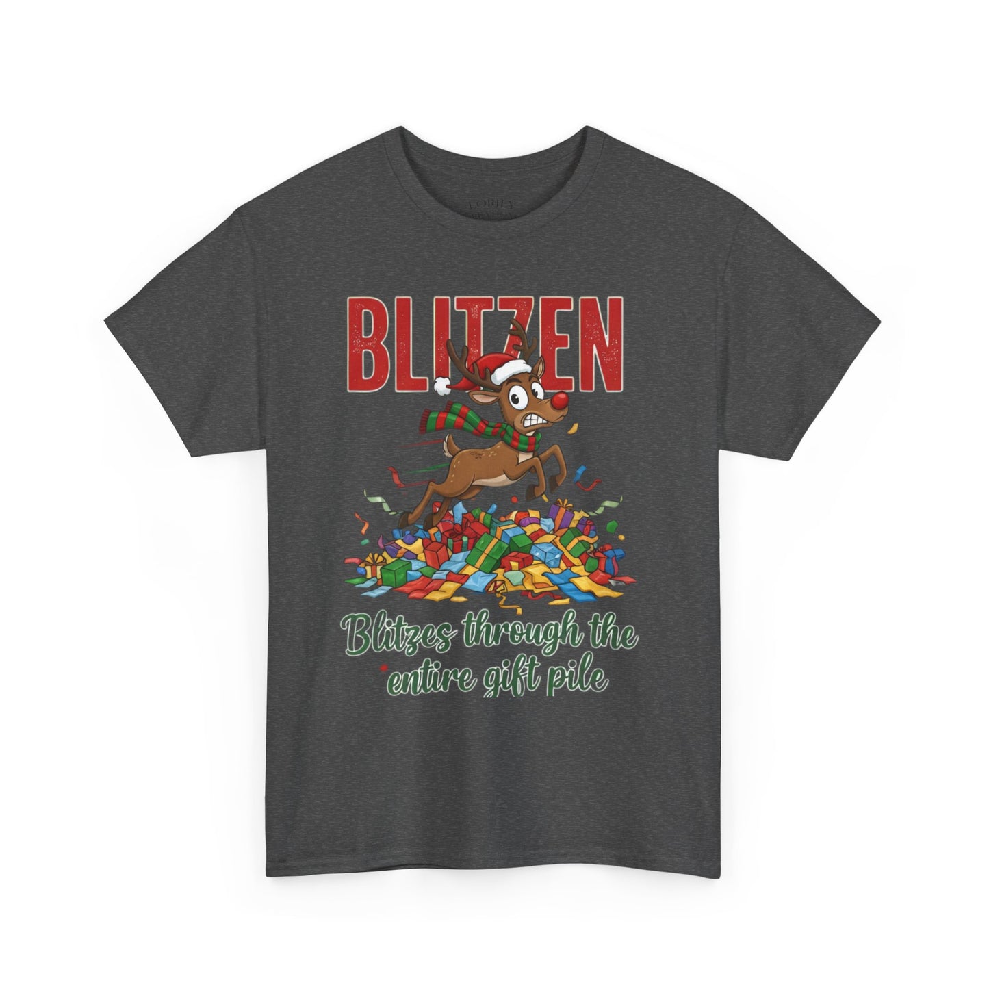 Blitzen Reindeer Christmas Tee — "Blitzen Blitzen through the chaos of the pile" Holiday Shirt