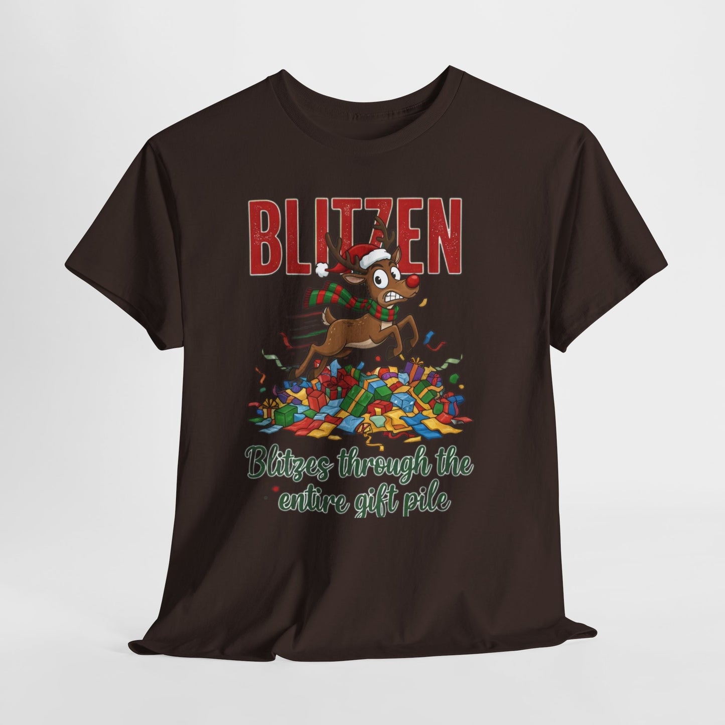 Blitzen Reindeer Christmas Tee — "Blitzen Blitzen through the chaos of the pile" Holiday Shirt