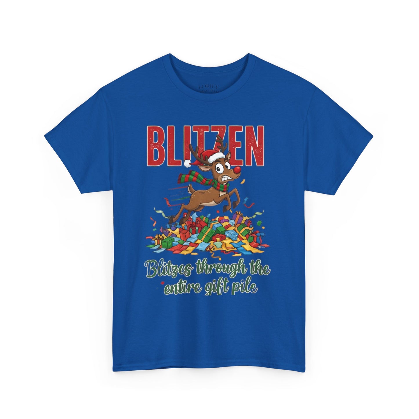Blitzen Reindeer Christmas Tee — "Blitzen Blitzen through the chaos of the pile" Holiday Shirt