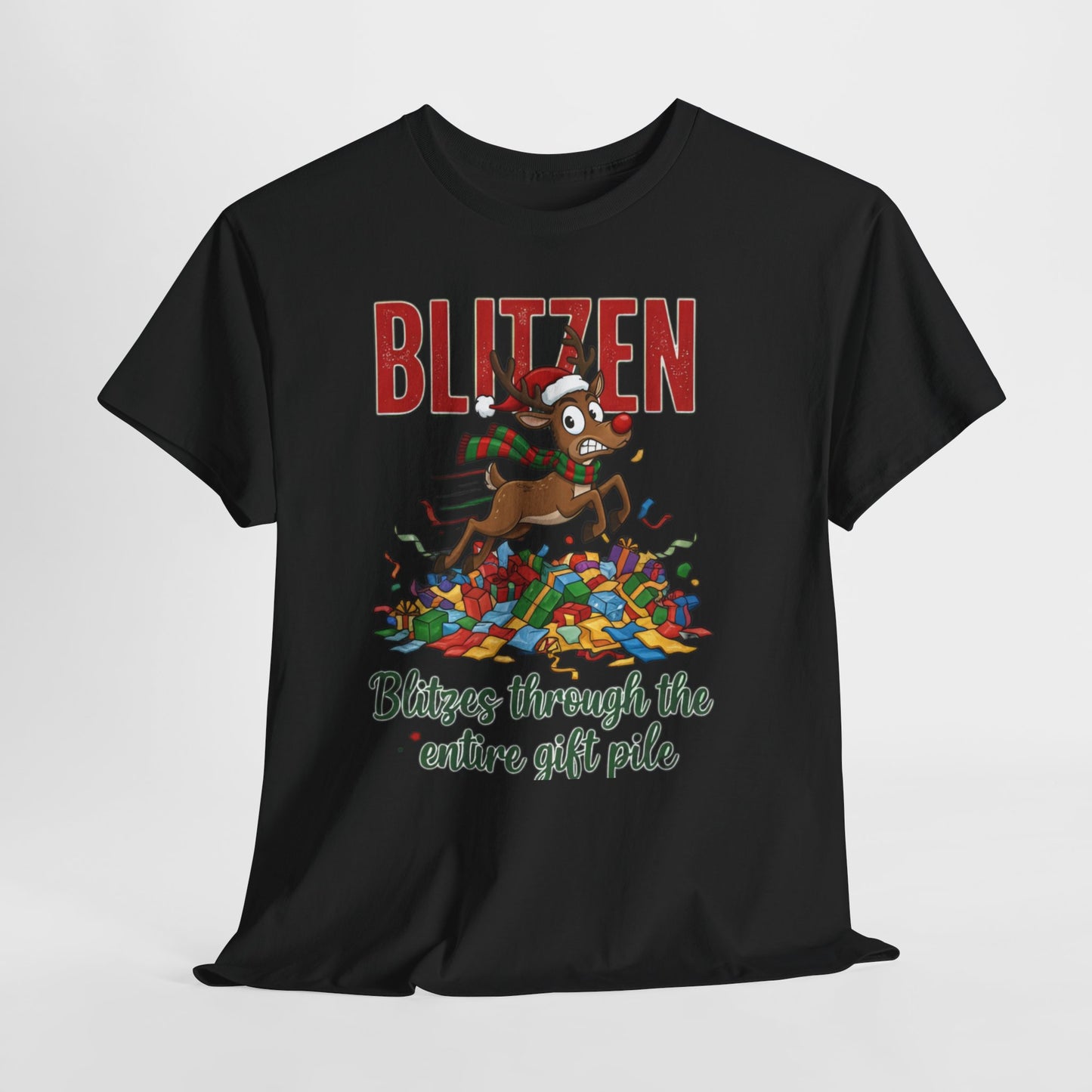 Blitzen Reindeer Christmas Tee — "Blitzen Blitzen through the chaos of the pile" Holiday Shirt