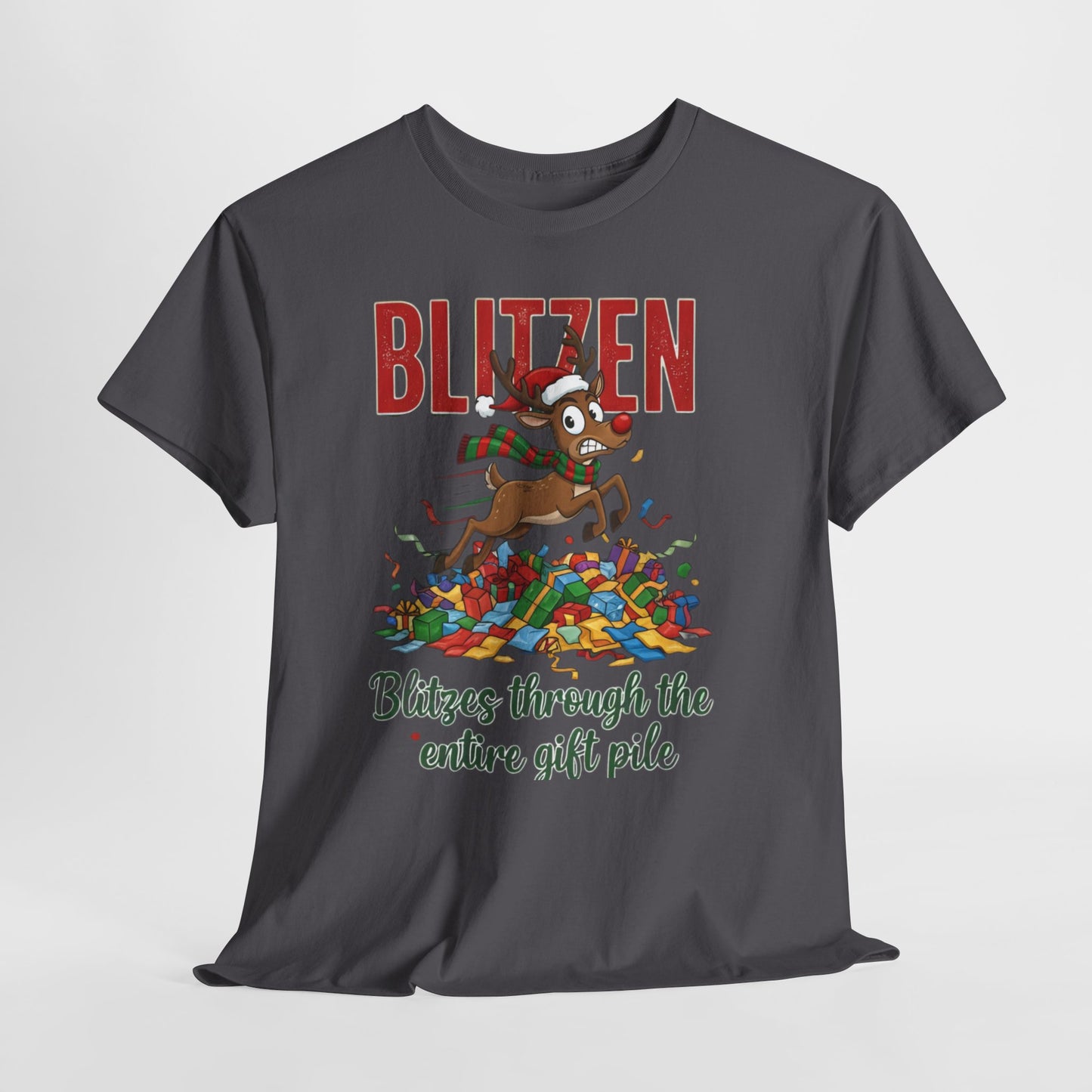 Blitzen Reindeer Christmas Tee — "Blitzen Blitzen through the chaos of the pile" Holiday Shirt