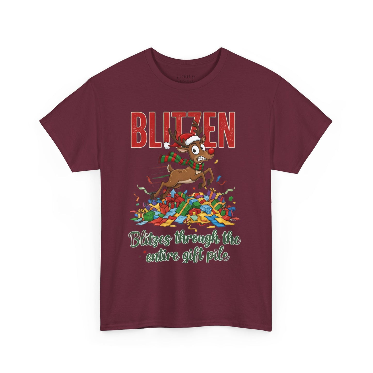 Blitzen Reindeer Christmas Tee — "Blitzen Blitzen through the chaos of the pile" Holiday Shirt