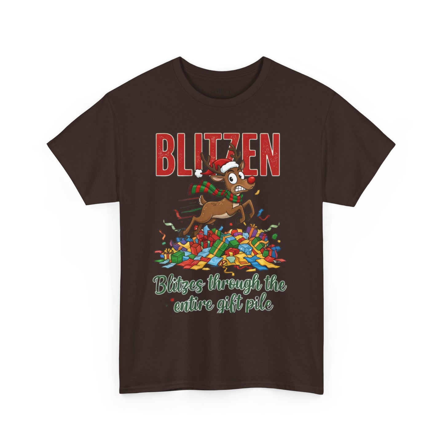 Blitzen Reindeer Christmas Tee — "Blitzen Blitzen through the chaos of the pile" Holiday Shirt