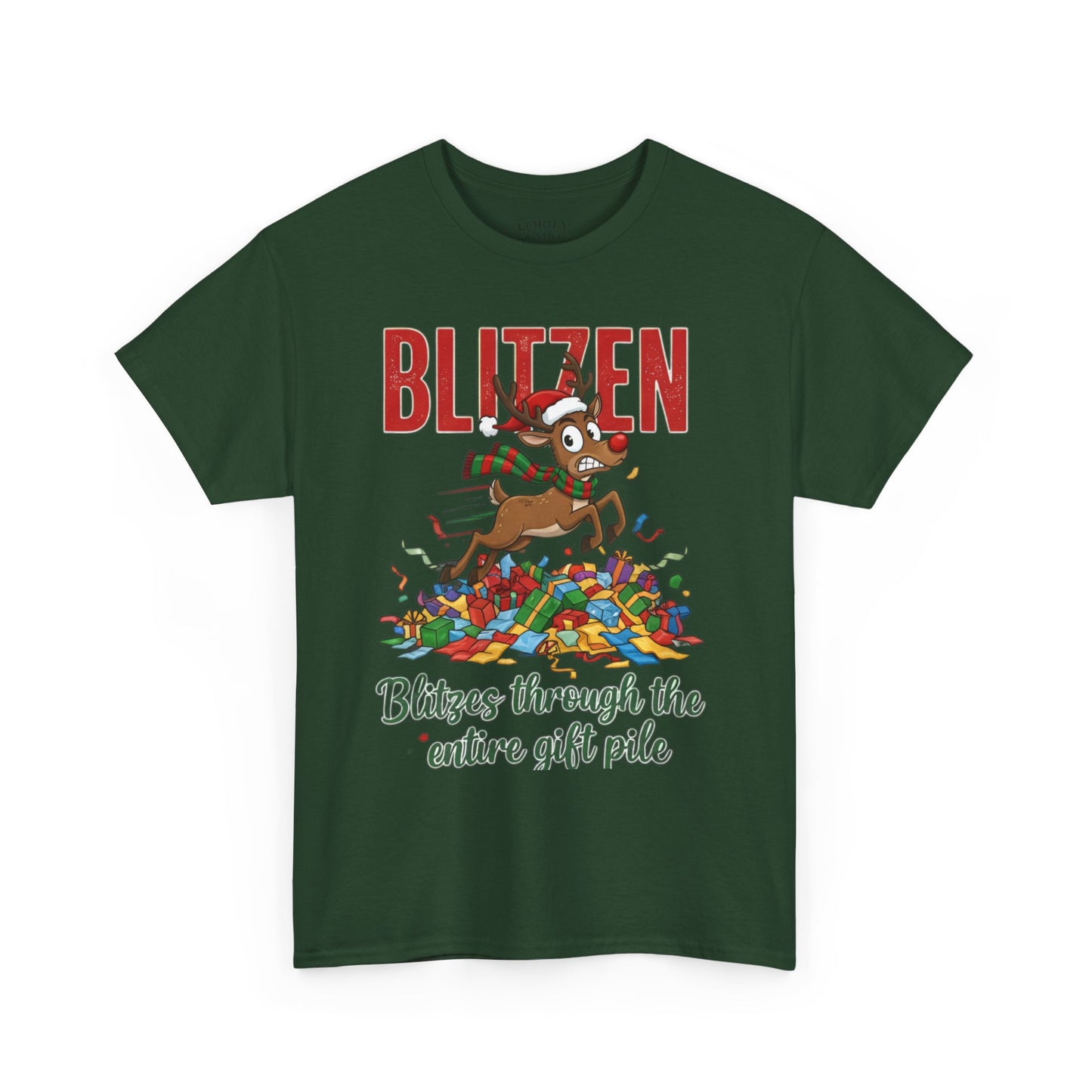 Blitzen Reindeer Christmas Tee — "Blitzen Blitzen through the chaos of the pile" Holiday Shirt