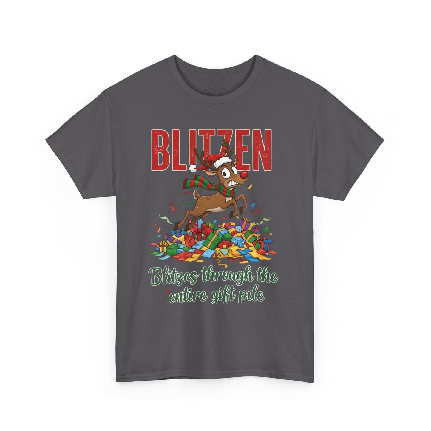 Blitzen Reindeer Christmas Tee — "Blitzen Blitzen through the chaos of the pile" Holiday Shirt