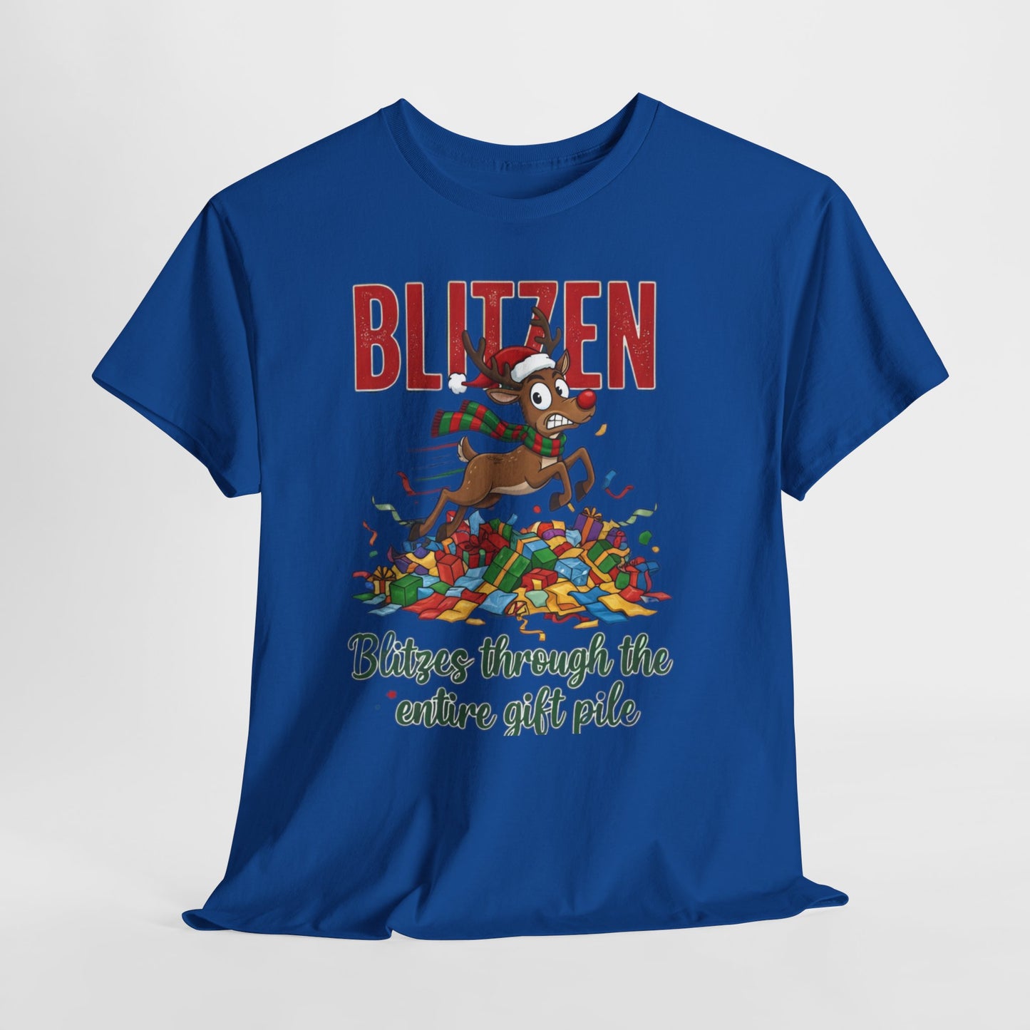 Blitzen Reindeer Christmas Tee — "Blitzen Blitzen through the chaos of the pile" Holiday Shirt