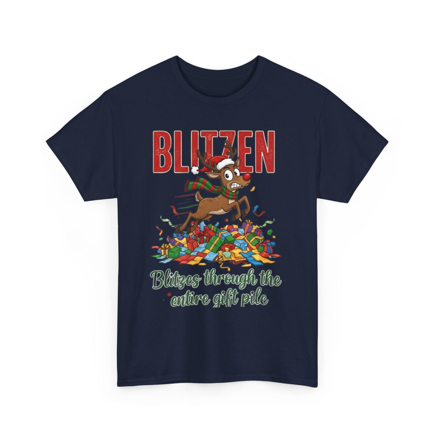 Blitzen Reindeer Christmas Tee — "Blitzen Blitzen through the chaos of the pile" Holiday Shirt