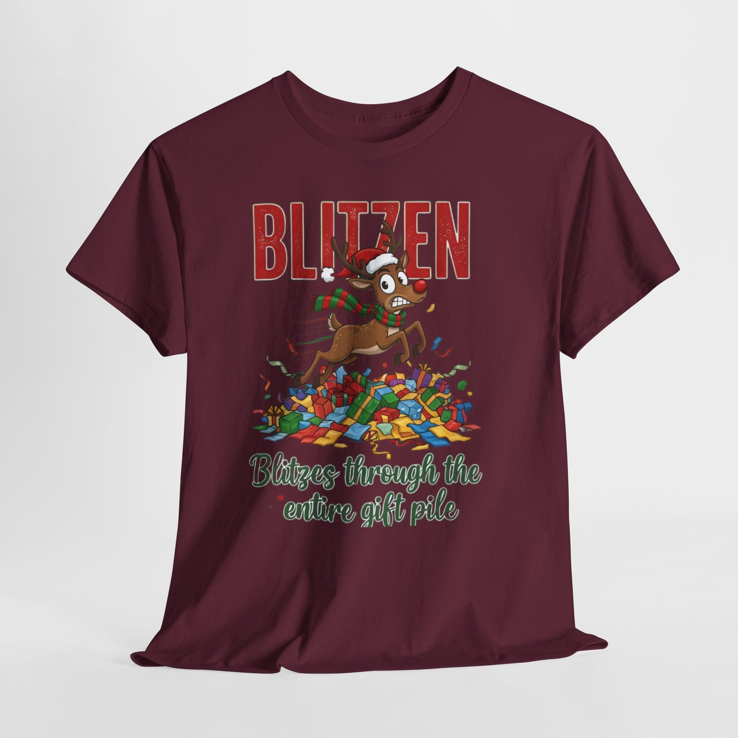 Blitzen Reindeer Christmas Tee — "Blitzen Blitzen through the chaos of the pile" Holiday Shirt