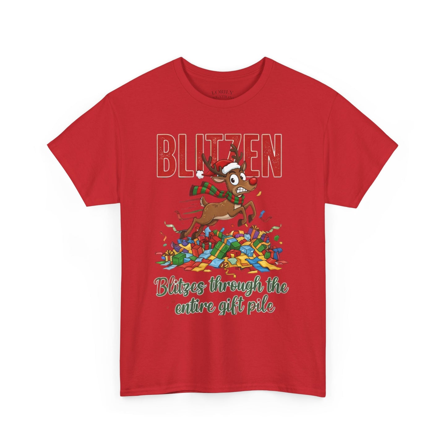 Blitzen Reindeer Christmas Tee — "Blitzen Blitzen through the chaos of the pile" Holiday Shirt