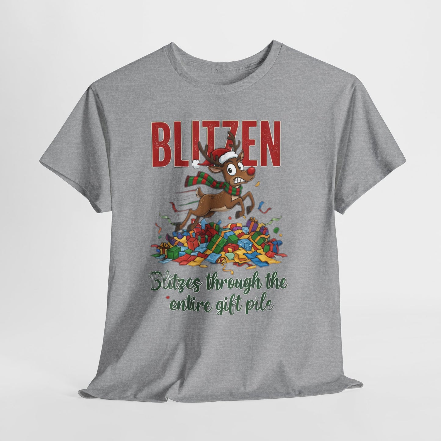 Blitzen Reindeer Christmas Tee — "Blitzen Blitzen through the chaos of the pile" Holiday Shirt