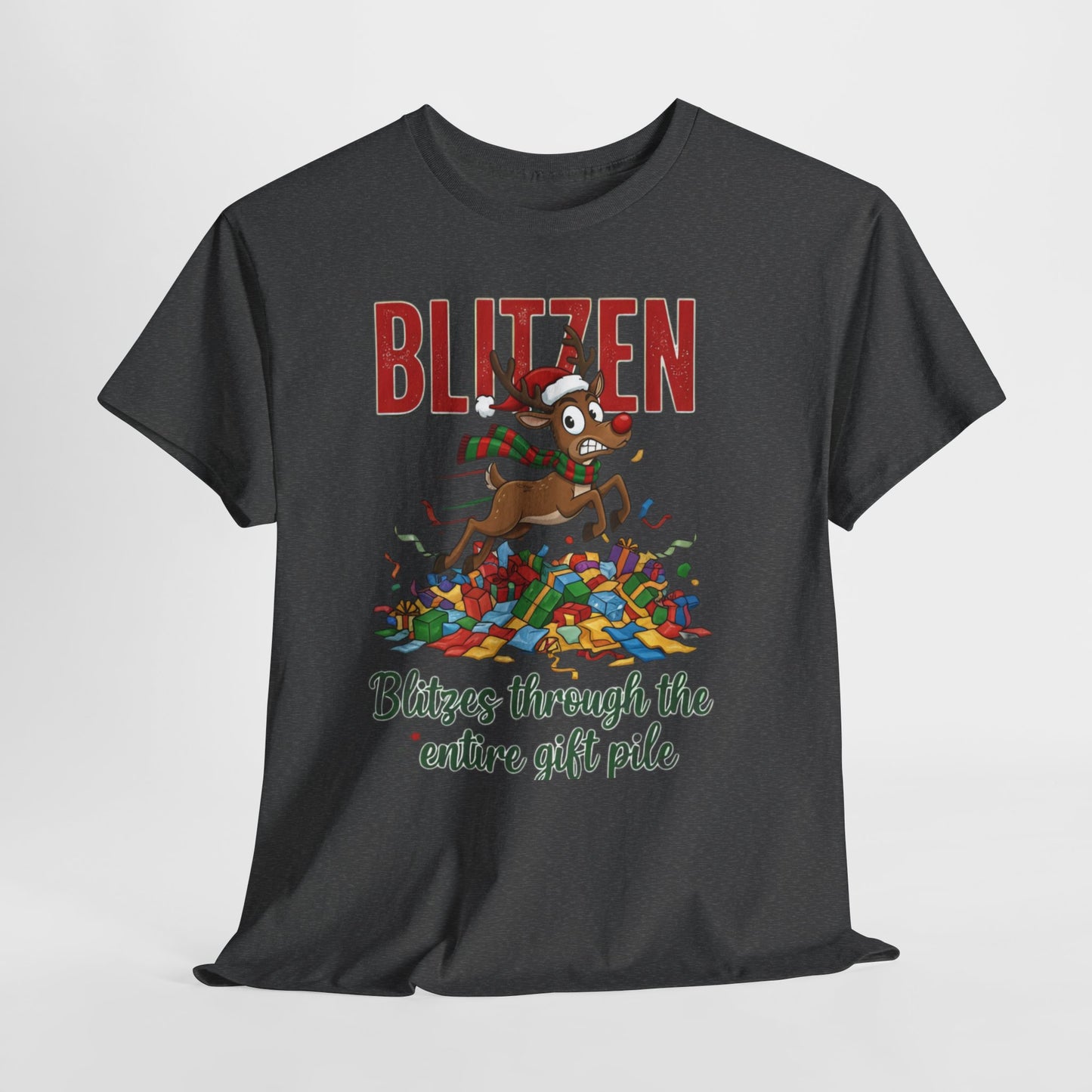 Blitzen Reindeer Christmas Tee — "Blitzen Blitzen through the chaos of the pile" Holiday Shirt